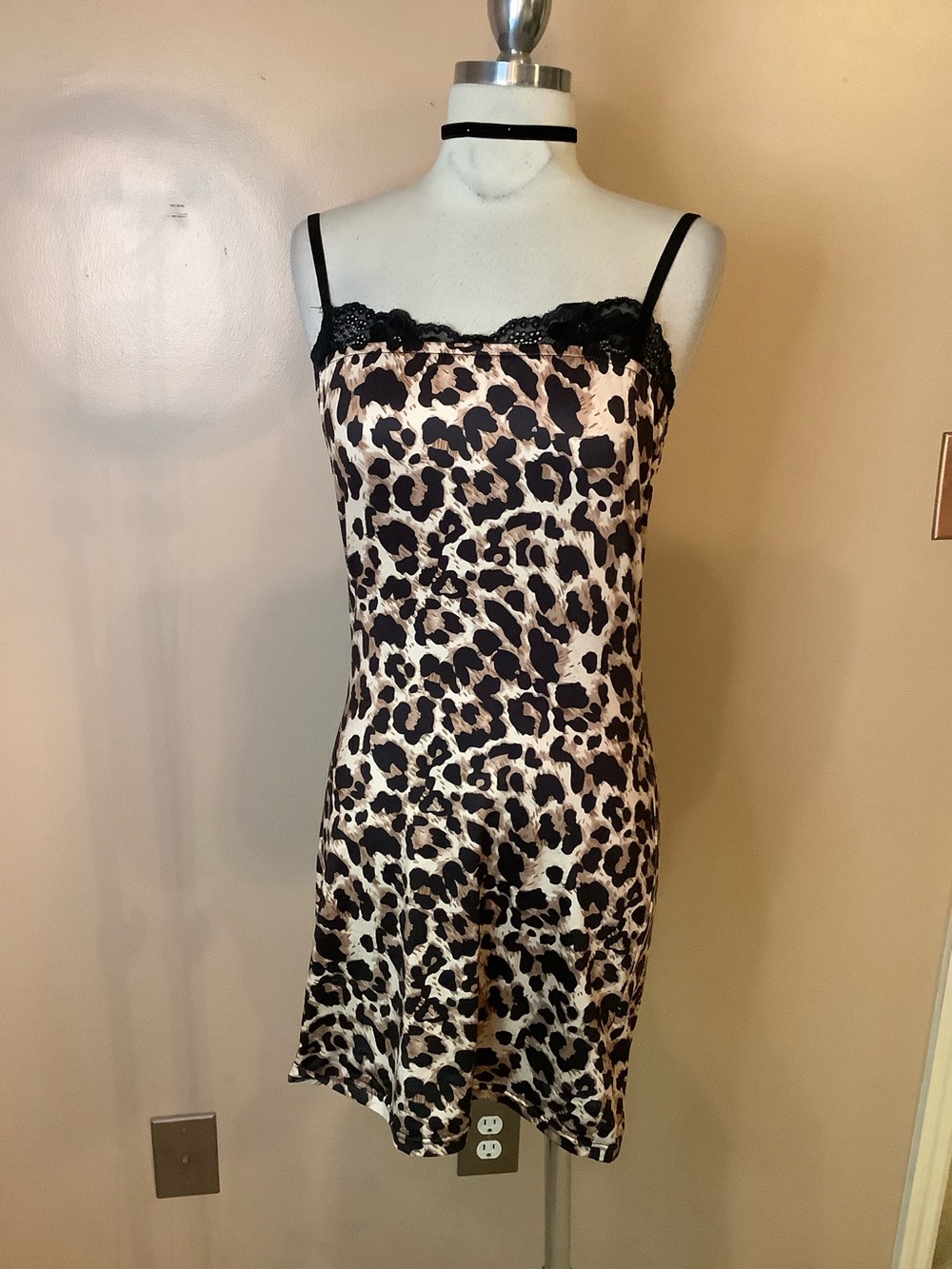 SHEIN Leopard Animal Print Black Lace Spaghetti Strap Slip Dress Medium Size 6